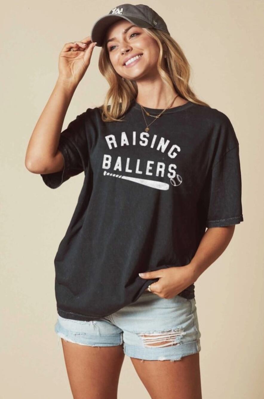 Acid Wash Raising Ballers Baseball Mom Graphic Tee SMALL